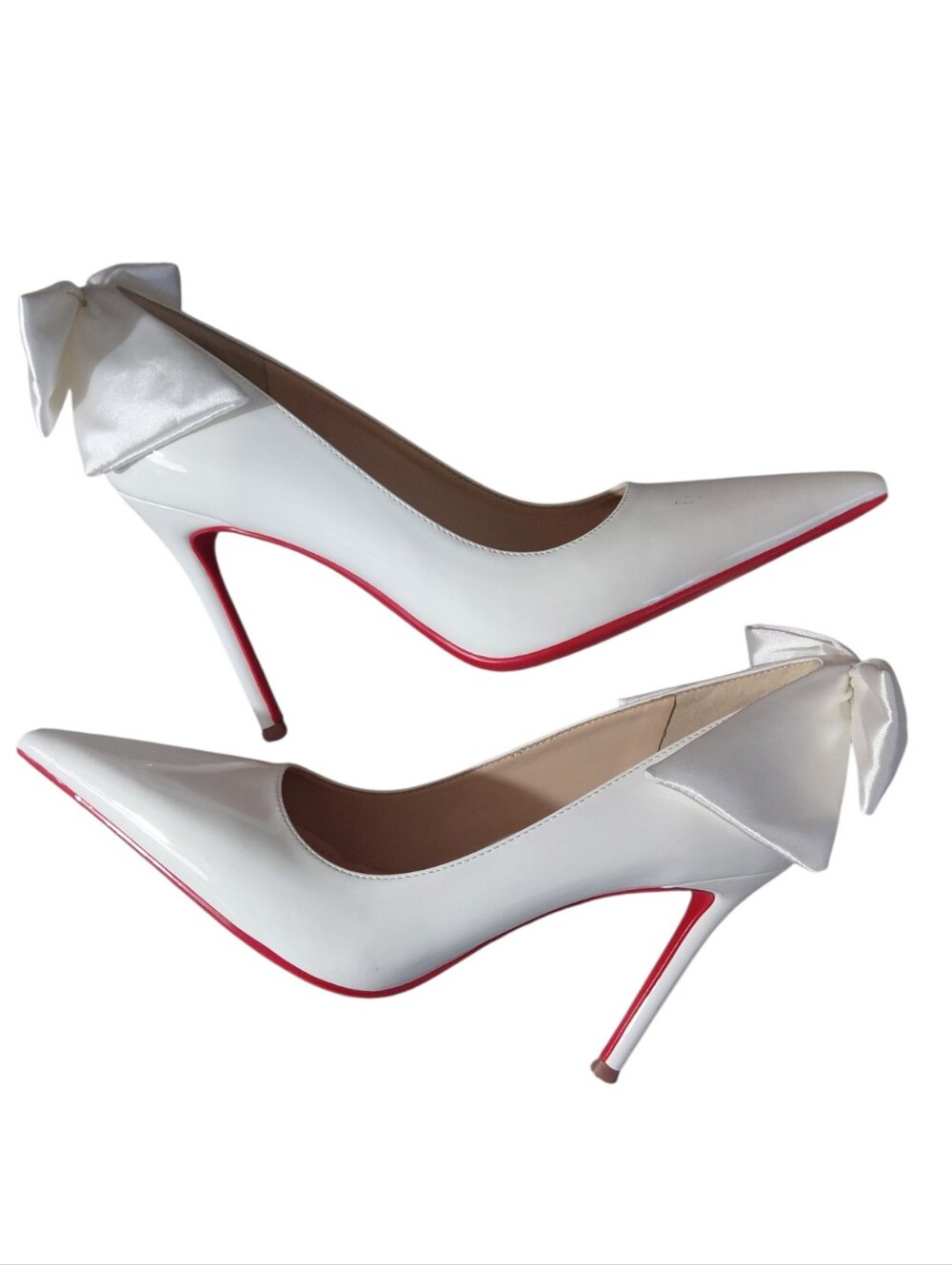 NEW White Wedding Patent Pointed Stiletto Heels with Red Sole and Back Bow